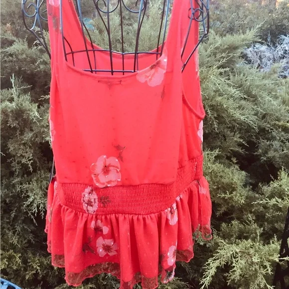 Willow Red Smocked  stretchy mesh lined Peplum Tank Top - Picture 10 of 13